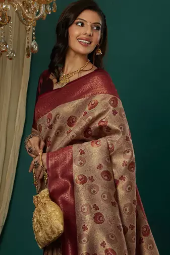 cream maroon silk blend banarasi saree with unstitched blouse piece