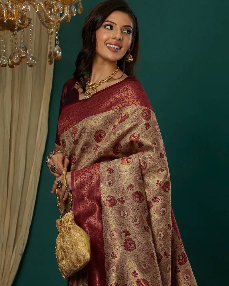 Cream maroon   soft silk blend banarasi jacuard work designer party wear saree with unstitched blouse piece