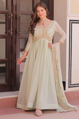 Wonderful Pista Green Thread Work Georgette Gown With Dupatta
