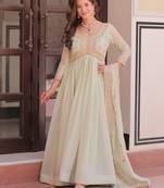 Wonderful Pista Green Thread Work Georgette Gown With Dupatta