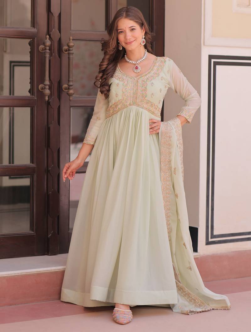 Wonderful Pista Green Thread Work Georgette Gown With Dupatta