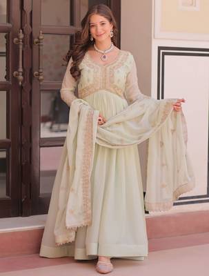 Wonderful Pista Green Thread Work Georgette Gown With Dupatta 3