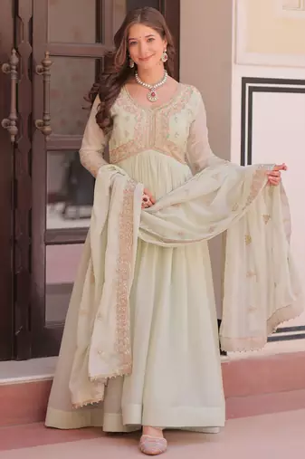 Wonderful Pista Green Thread Work Georgette Gown With Dupatta