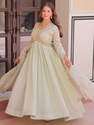 Wonderful Pista Green Thread Work Georgette Gown With Dupatta 4