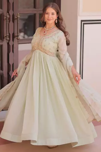Wonderful Pista Green Thread Work Georgette Gown With Dupatta