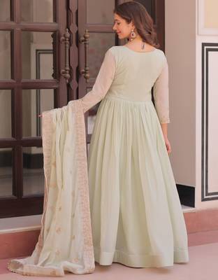 Wonderful Pista Green Thread Work Georgette Gown With Dupatta 5