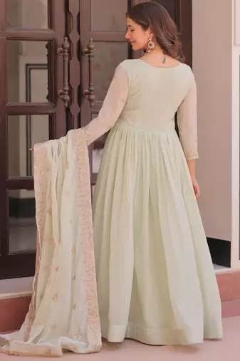 Wonderful Pista Green Thread Work Georgette Gown With Dupatta