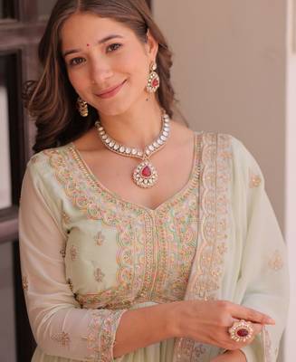 Wonderful Pista Green Thread Work Georgette Gown With Dupatta 6