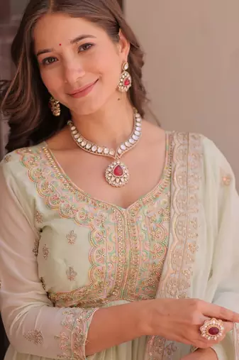 Wonderful Pista Green Thread Work Georgette Gown With Dupatta