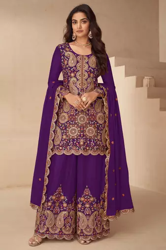 Royal purple art silk thread embroidery readymade suits free size up to 42