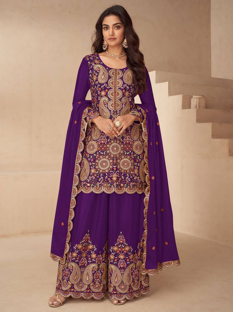 Royal purple art silk thread embroidery readymade suits free size up to 42