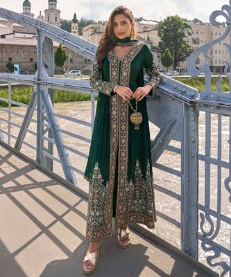 Deep bottle green art silk thread embroidery readymade suits free size up to 42 1