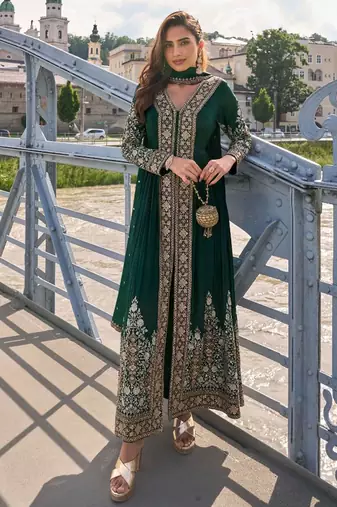Deep bottle green art silk thread embroidery readymade suits free size up to 42