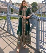 Deep bottle green art silk thread embroidery readymade suits free size up to 42