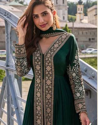 Deep bottle green art silk thread embroidery readymade suits free size up to 42 2