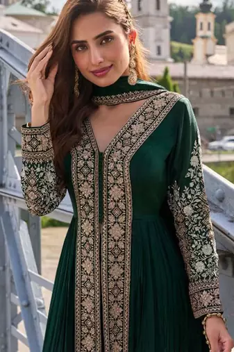 Deep bottle green art silk thread embroidery readymade suits free size up to 42