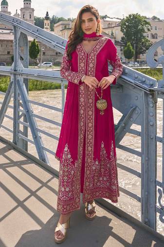 Rani pink  art silk thread embroidery readymade suits free size up to 42