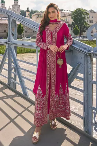 Rani pink  art silk thread embroidery readymade suits free size up to 42