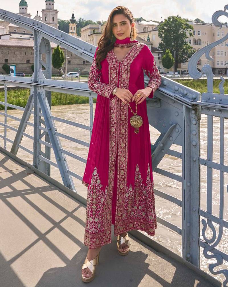 Rani pink  art silk thread embroidery readymade suits free size up to 42