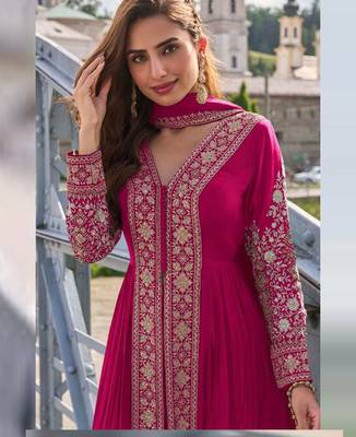 Rani pink  art silk thread embroidery readymade suits free size up to 42 2