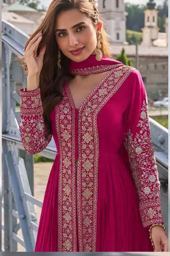 Rani pink  art silk thread embroidery readymade suits free size up to 42