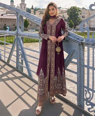 Deep maroon  art silk thread embroidery readymade suits free size up to 42 1