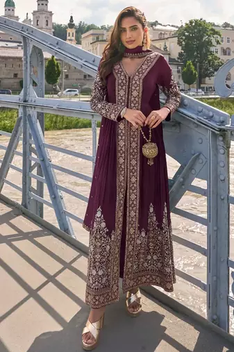 Deep maroon  art silk thread embroidery readymade suits free size up to 42