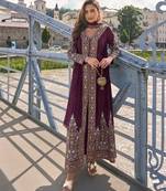Deep maroon  art silk thread embroidery readymade suits free size up to 42