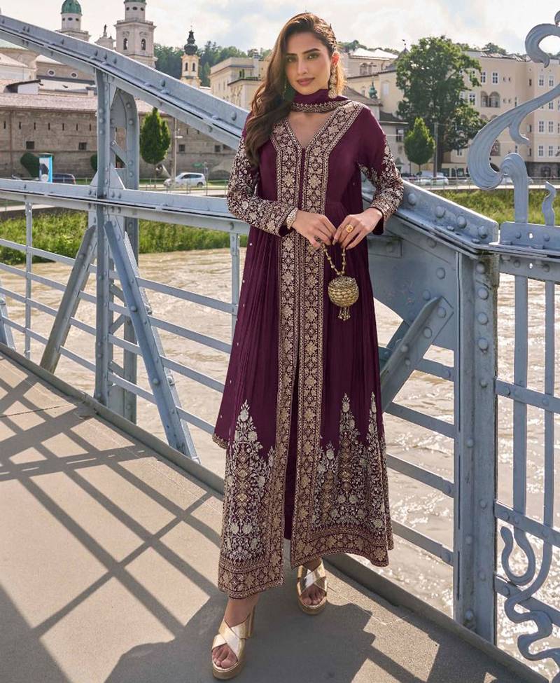 Deep maroon  art silk thread embroidery readymade suits free size up to 42