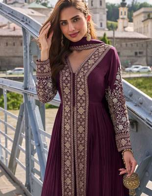 Deep maroon  art silk thread embroidery readymade suits free size up to 42 2