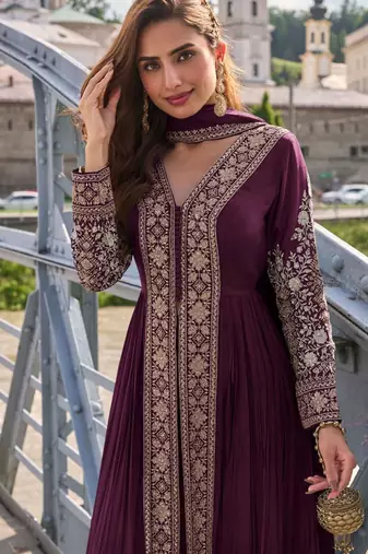 Deep maroon  art silk thread embroidery readymade suits free size up to 42