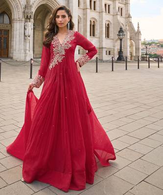 Red art silk sequins readymade suits free size up to 42 1