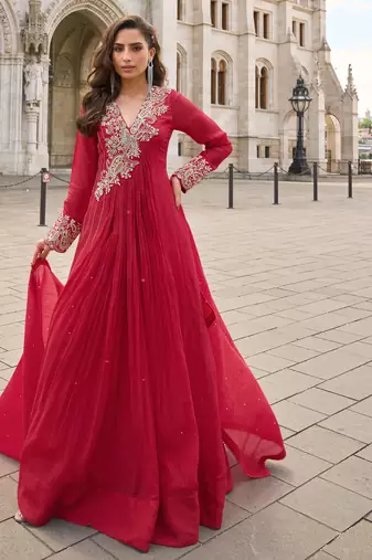 Red art silk sequins readymade suits free size up to 42