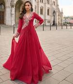 Red art silk sequins readymade suits free size up to 42