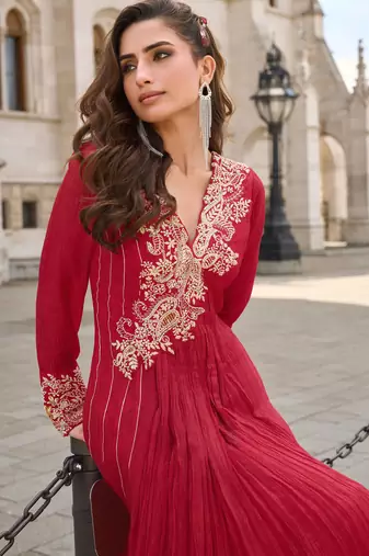 Red art silk sequins readymade suits free size up to 42