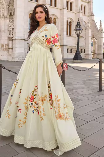 Off white art silk sequins readymade suits free size up to 42