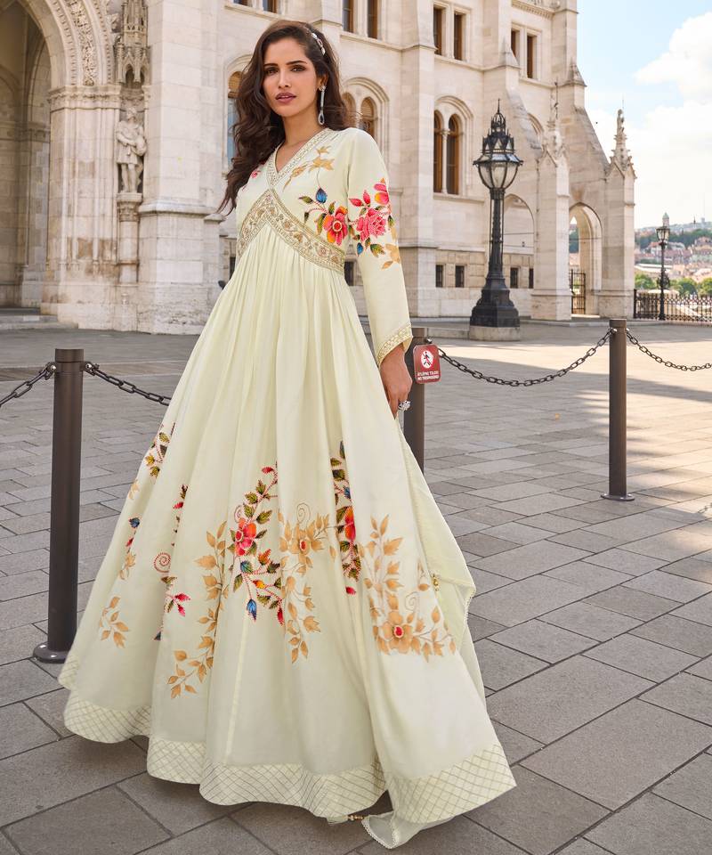 Off white art silk sequins readymade suits free size up to 42