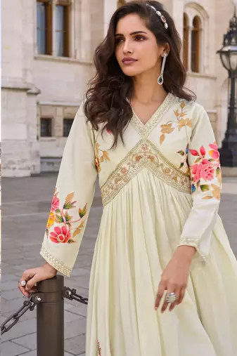 Off white art silk sequins readymade suits free size up to 42