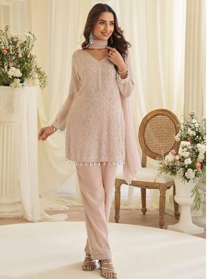 Dusty pink georgette sequins readymade suits free size up to 42 1