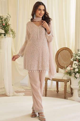 Dusty pink georgette sequins readymade suits free size up to 42