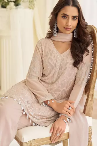 Dusty pink georgette sequins readymade suits free size up to 42
