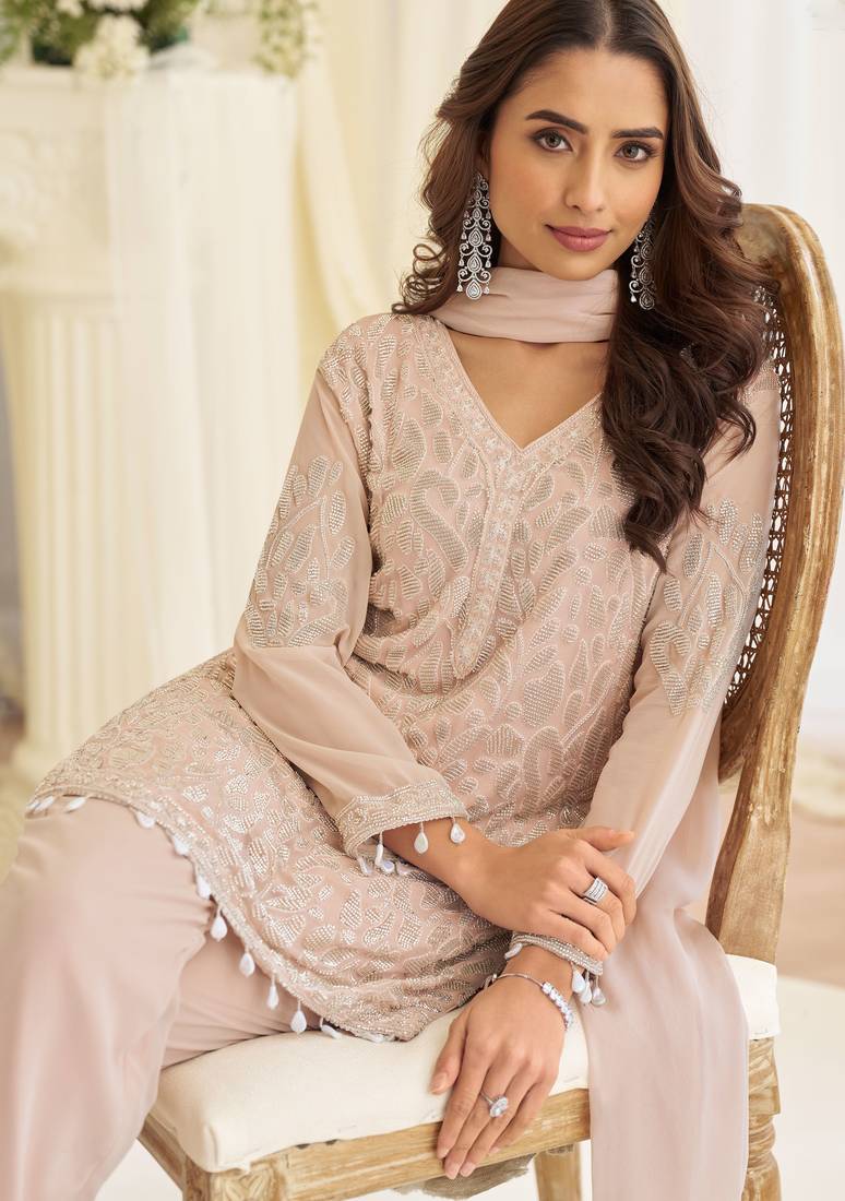Dusty pink georgette sequins readymade suits free size up to 42