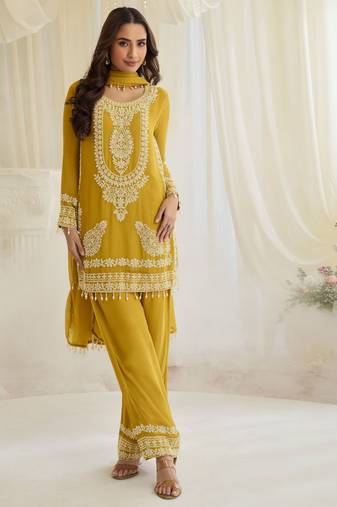 Yellow georgette sequins readymade suits free size up to 42