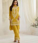 Yellow georgette sequins readymade suits free size up to 42