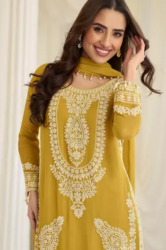 Yellow georgette sequins readymade suits free size up to 42