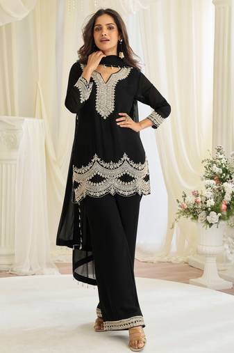 Black georgette sequins readymade suits free size up to 42