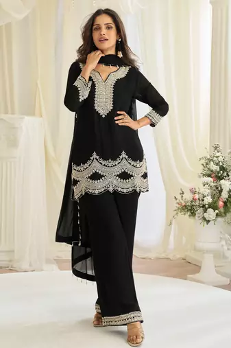 Black georgette sequins readymade suits free size up to 42