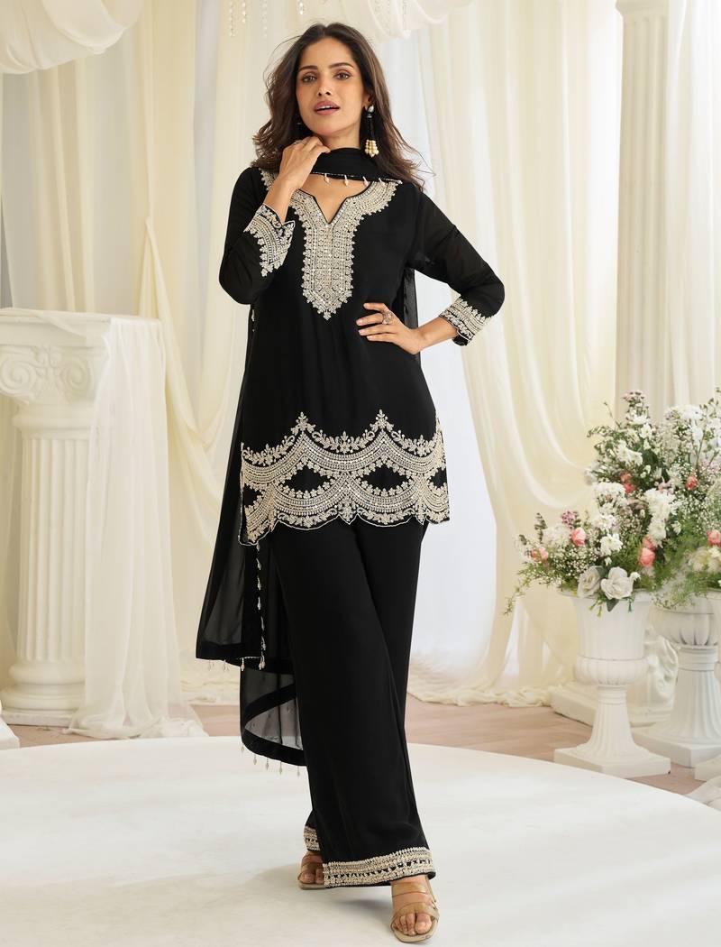 Black georgette sequins readymade suits free size up to 42