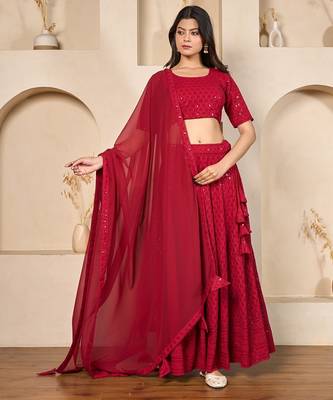 red georgette embroidered lehenga set 1