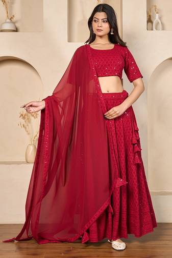 red georgette embroidered lehenga set